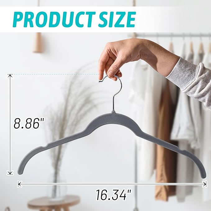 Sishynio Premium Velvet Shirt Hangers 50 Pack, Space-Saving Non-Slip Felt Hanger with 360° Swivel Hook, Slim Flocked Hangers for Strappy Dresses, Blouses, Tank Tops(Grey)