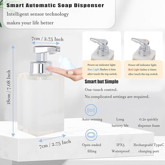 Automatic Soap Dispenser, Touchless Smart Foam Soap Dispenser, USB Rechargeable, 7.6oz / 225ml, Dish Soap Dispenser for Bathroom, Kitchen, Hotel - Bule