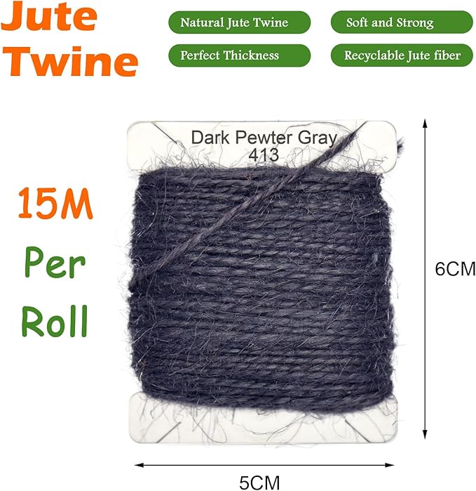 Jute Twine 15m Long Twine String for Crafts Gift Wrapping Packing Gardening Crochet Knitting Macrame Decor (Dark Pewter Gray)