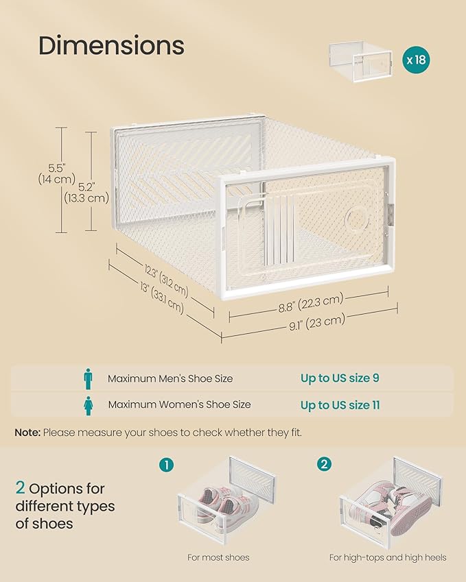 SONGMICS Stackable Shoe Boxes, Foldable Shoe Storage Organizers, Ventilated, for Max. Men's Shoes US Size 9 or Women's Shoes US Size 11, Sneakers, Set of 18, Transparent and White ULSP106W18V2