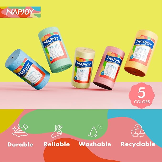Napjoy Microfiber Cleaning Cloth Roll, 75PK Easy Tear Away Reusable Paper Towels, 12" x 12", Ultra Soft Micro Fiber Dish Cloths for Kitchen, Housekeeping, Window, Car, Garden, Bathroom, Pink