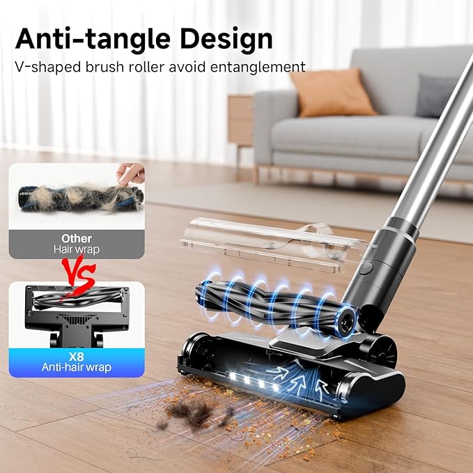 Cordless Vacuum Cleaner, 35Kpa Vacuum Cleaner for Home, 45Mins Stick Vacuum with LED Display, Anti-Tangle & Wall Mount Charging, 6 in 1 Lightweight Vacuum for Hard Floors, Carpet, Pet Hair (Black)