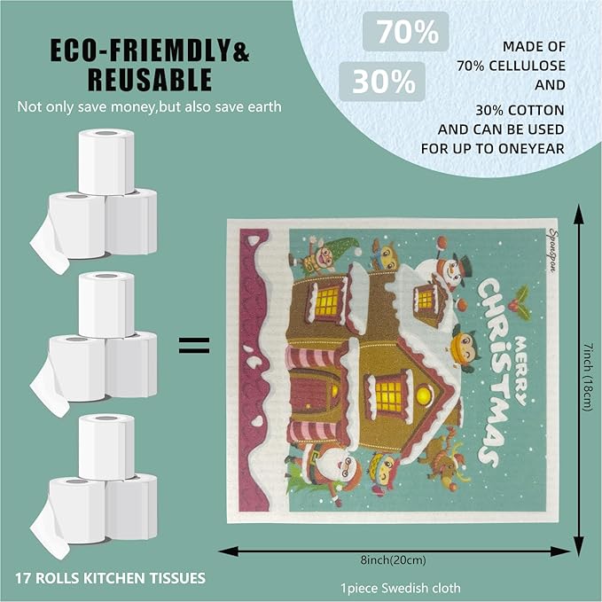 6 - Pack Swedish Kitchen Dish Cloths - Reusable Paper Towels for Counters & Dishes - Eco Friendly Cellulose Sponge Cloth - Assorted (Xmas)