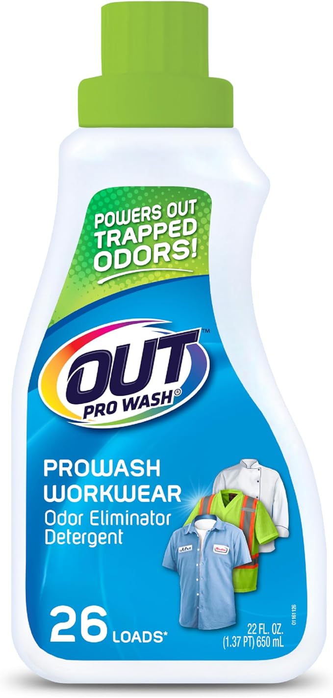 OUT ProWash Workwear Stain Remover Laundry Detergent and Odor Eliminator, Great for Work Clothes, Uniforms, Active Wear, and More, Made in the USA, 22 Ounce Bottle