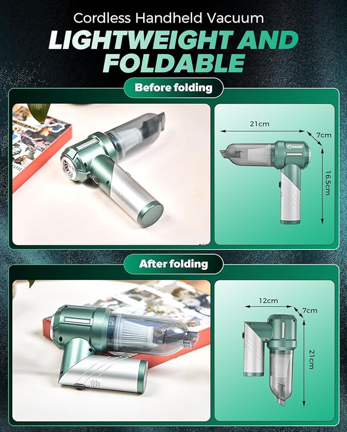 Saker Foldable Handheld Car Vacuum Cleaner Portable Cordless, 17000PA High Power Mini Vacuum Cleaner and Air Duster with Brushless Motor for Home,Cars,Office Cleaning HL133 Olive Green