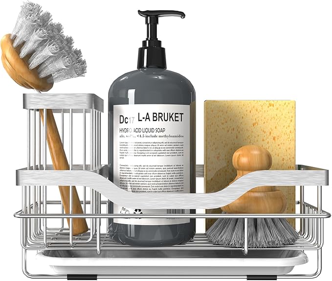 Vanwood Kitchen Sink Caddy Organizer Sponge Holder for Kitchen Sink, Rustproof Dish Soap Sponge Caddy for Counter with Detachable Brush Holder & Drain Tray - Storage Home & Cocina Accesorios, SILVER