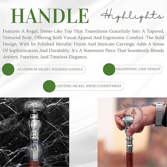 Deluxe Walking Sticks | Rosewood Crafted Cane with Solid Brass Chrome Decorative Bars | Nagina International