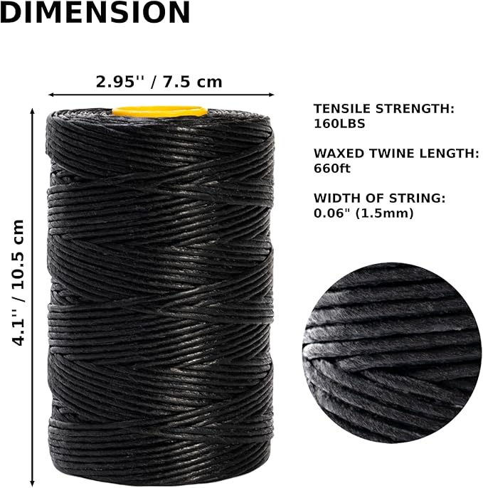 9-Ply Black String Waxed Twine, 660 Feet per Roll Heavy Duty Twine String, Black Cable Tie Down Wax Lacing Cord for Indoor or Outdoor Use,Thick Black Twine Wax String with 160 LBS Tensile Strength (2)