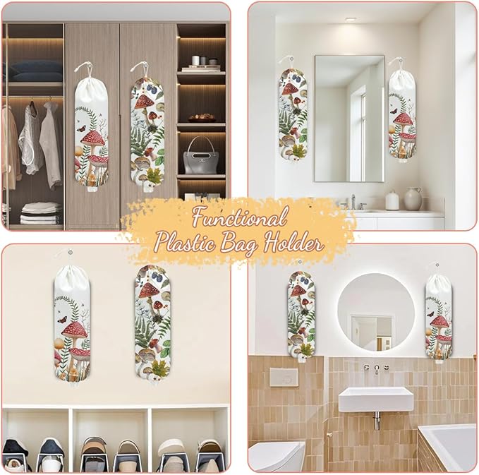 2 Pcs Mushroom Plastic Bag Holder for Kitchen Essentials, Floral Butterfly Grocery Bag Holder Plastic Storage bag, Washable Shopping Bags Storage Dispenser for Home Kitchen, Mushroom Gifts for Women