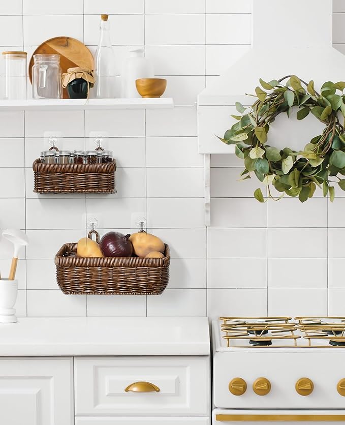 AceList Wall Hanging Basket, Boho Style Hand-Woven Hanging Storage Baskets - Set of 2, Ideal for Boho Room Decor, Kitchen, Garden, and Living Room(Brown)