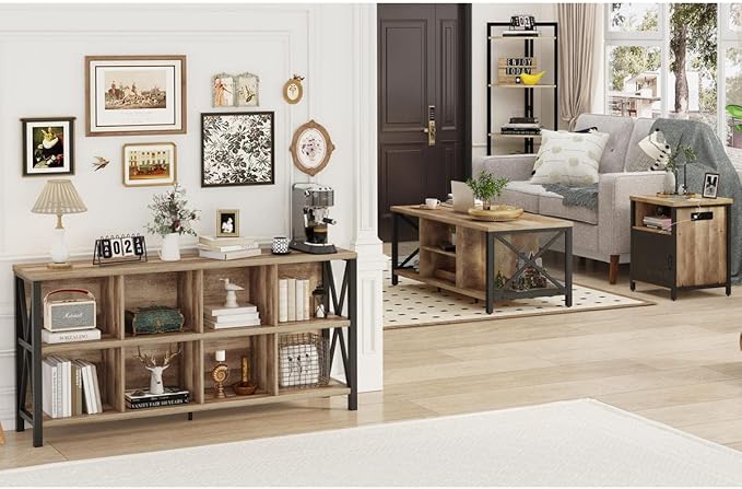 FATORRI 8 Cube Storage Organizer Bookshelf, Rustic Wood Cubby Bookcase, Industrial Horizontal Long Shelf for Living Room (Rustic Oak, 62 Inch)