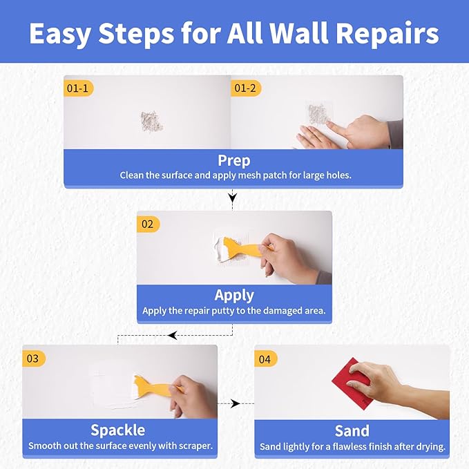 Drywall Repair Kit - 18 OZ Spackle Wall Repair with Self Adhesive Mesh & Scraper for Holes, Cracks - Quick and Easy Wall Surface Fix Solution