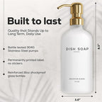 Luxury Glass Hand and Dish Soap Dispenser Set by Brighter Barns - Kitchen Soap Dispenser Set & Stainless Steel Pump - Glass Bottle for Sink - White and Gold Kitchen Accessories for Airbnb, Gift (Gold)