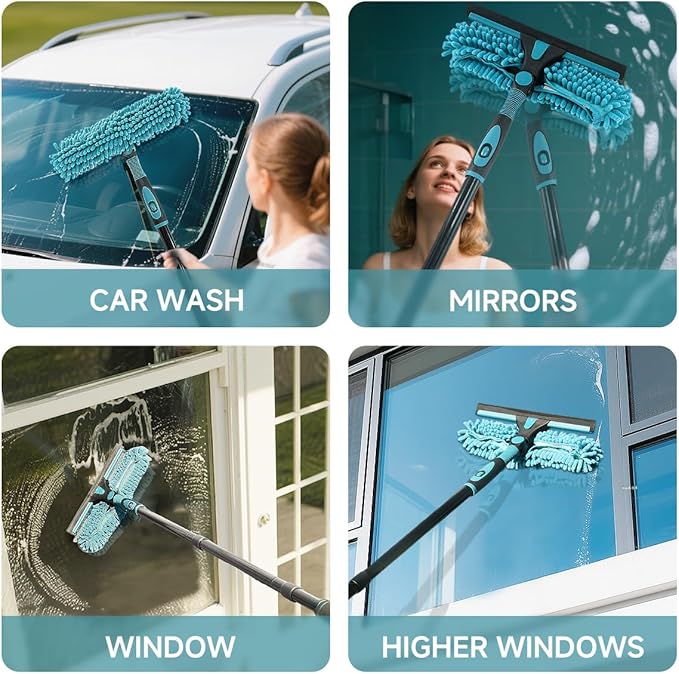 AIDELY 62" Window Squeegee, 2 in 1 Window Cleaning Tool with Telescopic Pole, Rotatable and Bendable Head for High Windows Indoor Outdoor, Includes 2 Blades & 2 Pads (Microfiber+Pads)