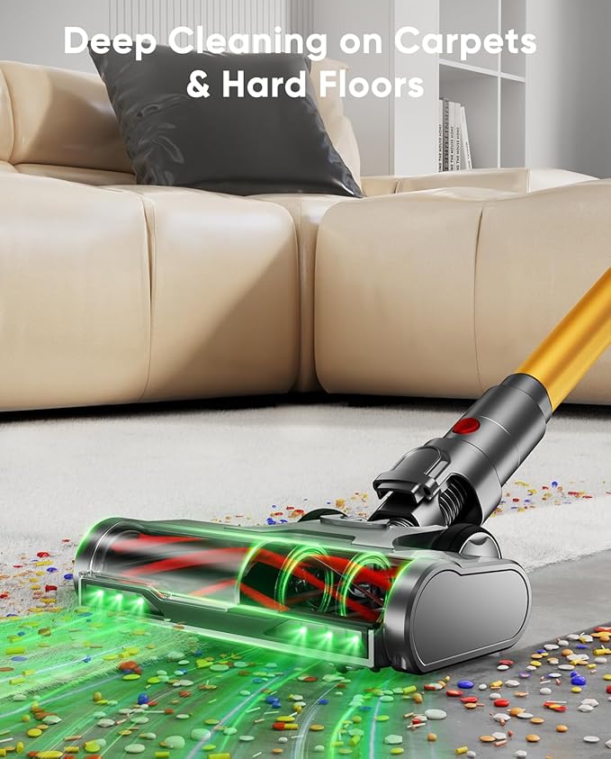 Cordless Vacuum Cleaner, 650W/55KPA, 70 Mins Runtime Self-Standing Stick Vacuum, Vacuum Cleaners for Home with Anti-Tangle Brush, Smart Display, 1.8L Cup Vacuum for Pet Hair/Carpet/Floor (Gold)