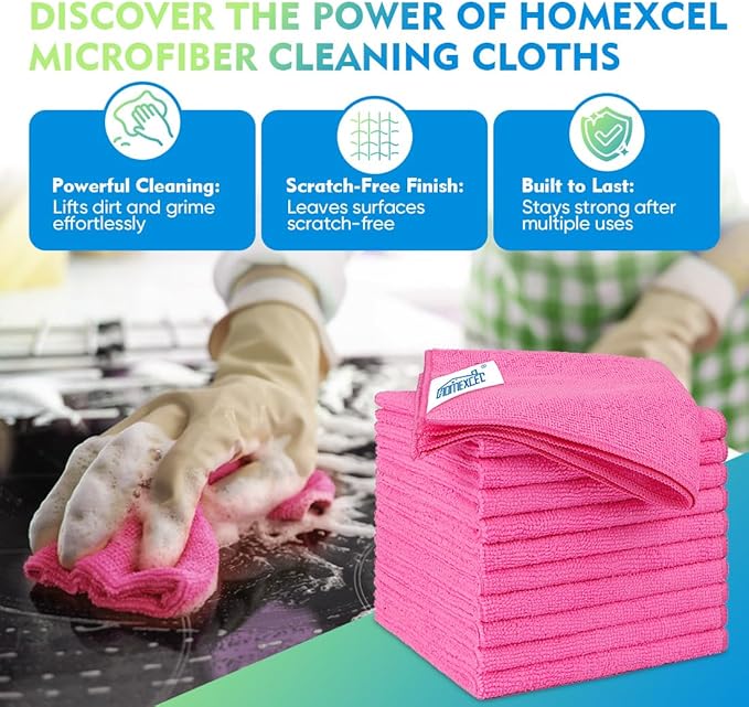 HOMEXCEL Pink Microfiber Cleaning Cloth 12 Pack, 12.5 x 12.5 inch Microfiber Towels for Cars, Ultra Absorbent Car Washing Cloth, Lint Free Streak Free Cleaning Rags for Car, Kitchen, and Window