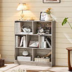 LEYAOYAO 7 Cube Bookshelf with Base,3 Tier Mid-Century Modern Grey Bookcase,Standing Wide Bookshelves Storage Organizer Shelf,Rustic Wood Display Cabinet Book Shelves for Bedroom,Living Room,Office