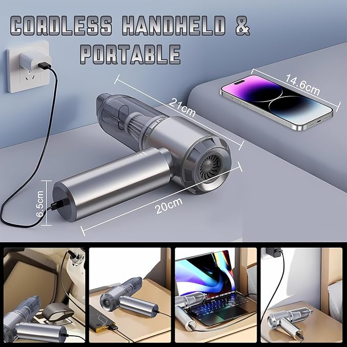 Car Vacuum Portable Cordless 20000PA High Power Mini Vacuum Cleaner 4-in-1 Compressed Air Duster & Air Blower & Pump Hand Held Vacuum with Brushless Motor for Car, Home, Office,Camping ((silver gray))