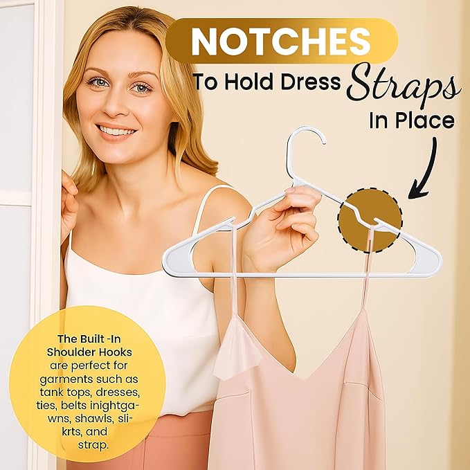 Our Modern Space 100 Pack Adult Plastic Hanger for Shirt Pants Coats Dresses Skirts Suits Jackets - Standard Thick Coat Hanger - Sturdy & Durable Design with Shoulder Grooves Hook - White