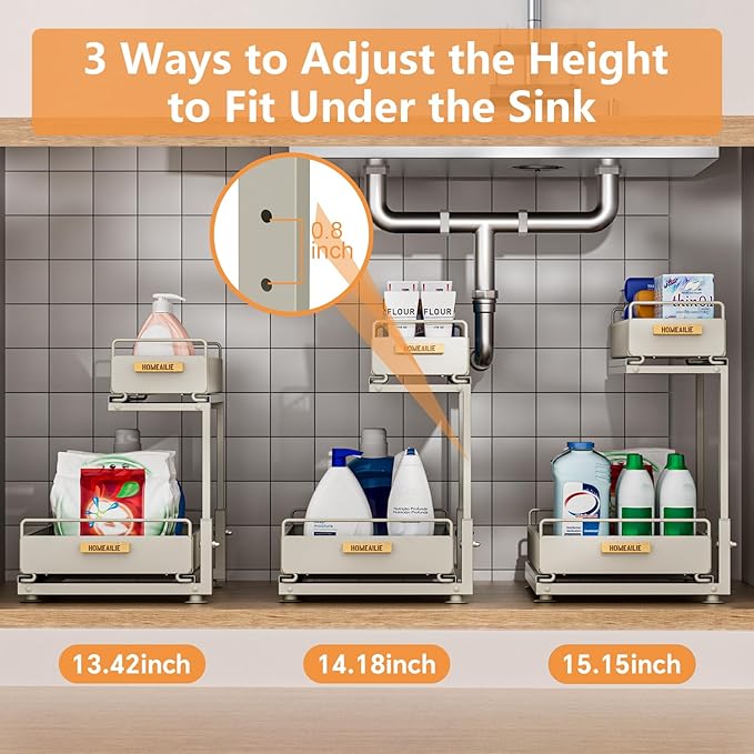 Under Sink Organizer, High Adjustable 2 Tier Under Kitchen Sink Organizer, Multi-Purpose Storage Shelf for Kitchen Bathroom Cabinet, Gray