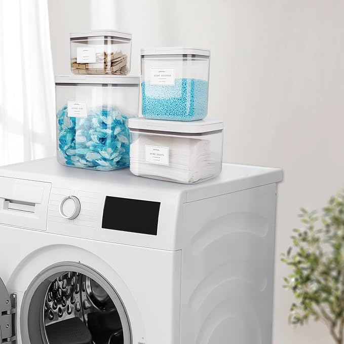 4 Pack Stackable Laundry Pods Container & Dryer Sheet Holder with Pop-Up Lids & Labels, Sealing Laundry Room Organization and Storage Jars for Powder, Scent Bead, Dryer Balls