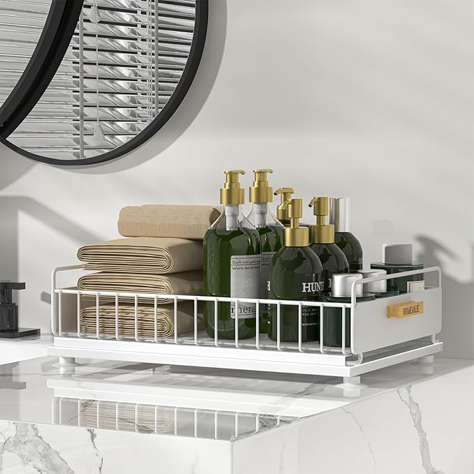 Under Sink Organizer, Single Tier Metal Pull Out Sliding Drawer Shelf for Kitchen Bathroom Cabinet Storage, Sturdy Rack – White