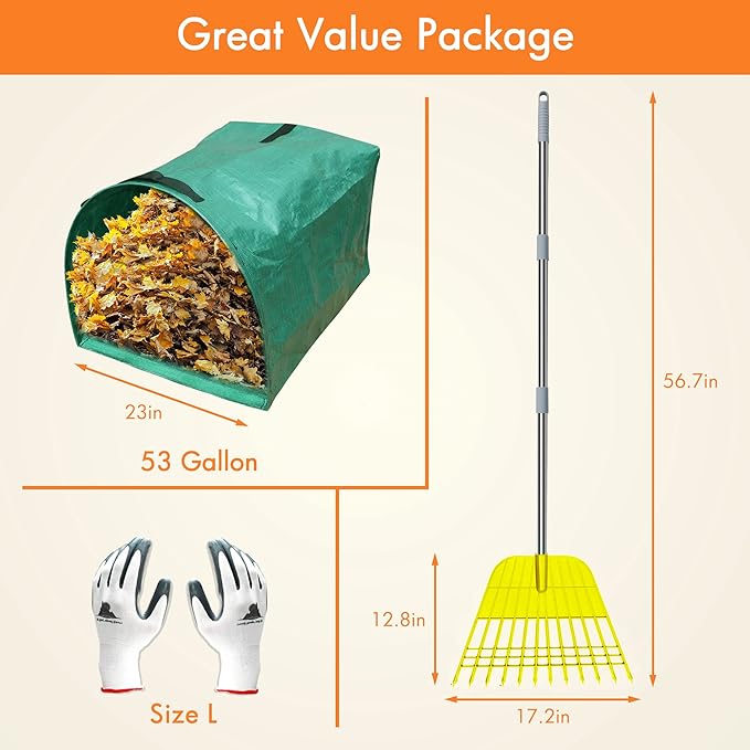 Gardzen 12 Tines Gardening Leaf Rake, Lightweight Steel Handle, Detachable, Ideal Camp Rake, Comes with Dustpan-Type Garden Bag - Yellow