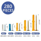 Dry Wall Anchor and Screw Combo Set 280 Pieces, 140 Plastic Wall Anchors and 140 Phillips Pan Head Screws, 5 Sizes Galvanized Screws and Wall Plug Bolts with Storage Case