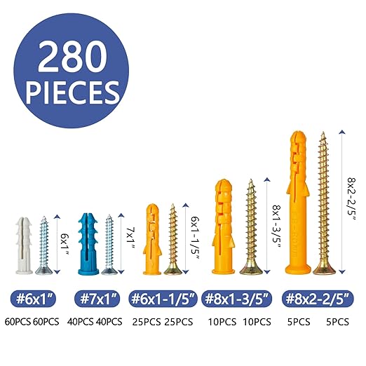 Dry Wall Anchor and Screw Combo Set 280 Pieces, 140 Plastic Wall Anchors and 140 Phillips Pan Head Screws, 5 Sizes Galvanized Screws and Wall Plug Bolts with Storage Case