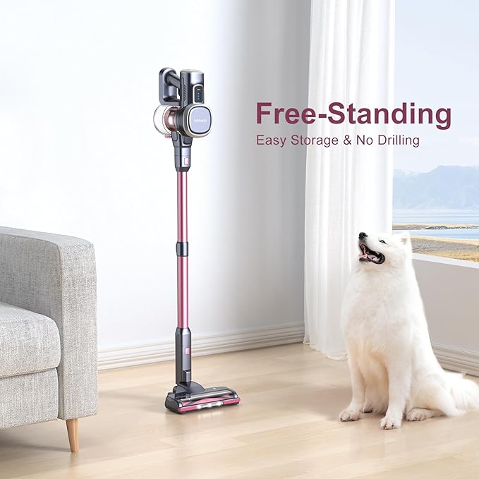 Lubluelu Upgraded 45 kPa Cordless Vacuum Cleaner with Powerful Suction, Self-Standing Stick Vacuum Up to 50mins, Detachable Battery, Versatile Vacuum for Pet Hair, Carpet, Hard Floor - Peach Pink