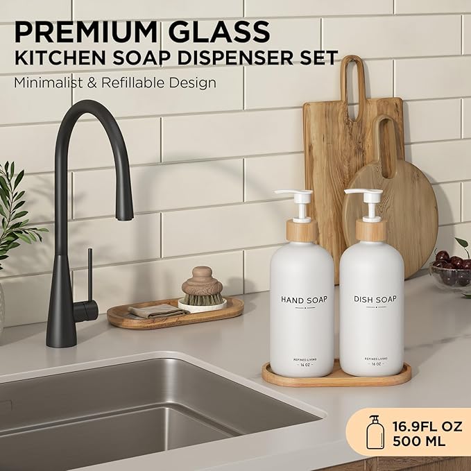 Hand and Dish Soap Dispenser Set,16oz Glass Bottles with Printed Labels, Bamboo Tray & Pump,Countertop Soap Dispensers for Kitchen,Luxury, Minimalist & Farmhouse Decor (Hand Dish (White))