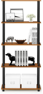 Furinno TURN-N-TUBE Storage Shelves, 5-Tier Book Shelf, Corner Shelf, Toolless Open Shelves, for Organization and Storage, Living Room, Garage, Home Office, Light Cherry