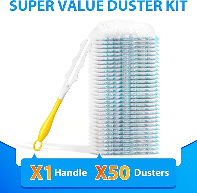 50 Count Disposable Duster Refills for Swiffer Dusters with 1 Handle - 360° Multi-Surface Larger Size Feather Dusters, Dusting Kit for Cleaning Home, Furniture, Blinds and Ceiling Fans