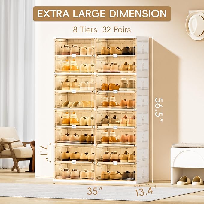 JEKO&JEKO 8-Tier Foldable Shoe Storage Box with Magnetic Doors, Large Stackable Shoe Organizer Cabinet for Entryway, Clear Front Door Shoe Boxes Hold Up to 32 Pairs (White)