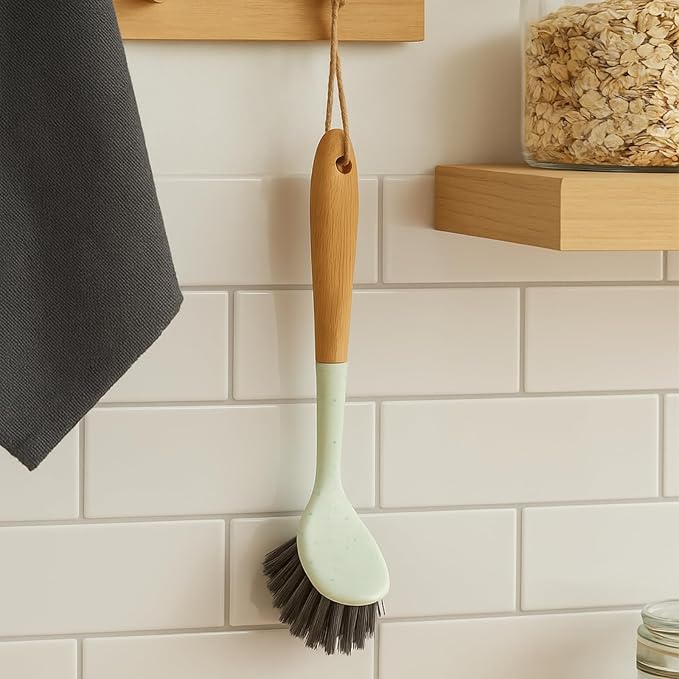 Beille 1pc Dish Brush with 9 Inch Bamboo Handle Household Essentials Cleaning Supplies