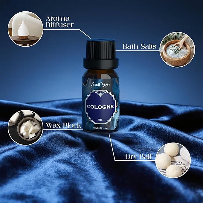 Cologne Fragrance Oils Set, Essential Oil for Diffuser, Men Scent Diffuser Oil, Use for Soap Candle Making, Cologne, Leather&Musk, Revive Blue, Sunlit Wander, Gentleman's Blend, Night Code