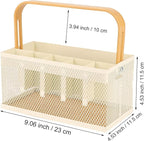 Utensil Caddy Metal Mesh Silverware Cutlery Organizer Basket with Bamboo Handle, Multi-Purpose Steel Wire Caddy 6 Compartment Flatware Basket for Kitchen, Countertop, Picnic, Restaurant, White