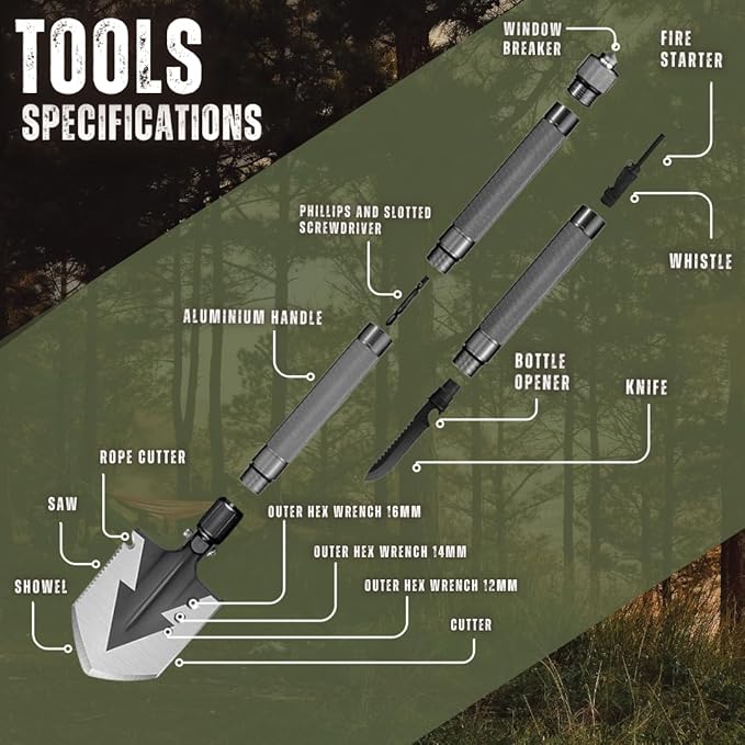 Shovel 13 in 1 Multi-Tool with a Wire Cutter, Wood Cut, Wood Saw, Screwdriver, Fire Starter, and Other Great Features (Charcoal Grey)