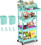 Goovilla 4 Tier Rolling Utility Cart Organizer with Removable Drawer, Stable and Sturdy Blue Rolling Storage Carts with 2 Lockable Wheels for Bathroom, Kitchen, Snack, Craft, Makeup, Baby Essentials
