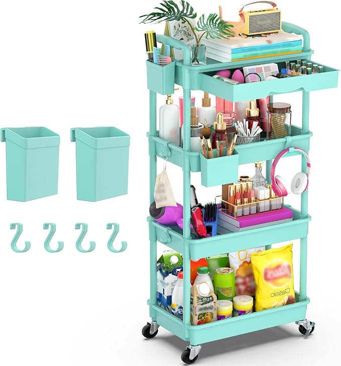 Goovilla 4 Tier Rolling Utility Cart Organizer with Removable Drawer, Stable and Sturdy Blue Rolling Storage Carts with 2 Lockable Wheels for Bathroom, Kitchen, Snack, Craft, Makeup, Baby Essentials