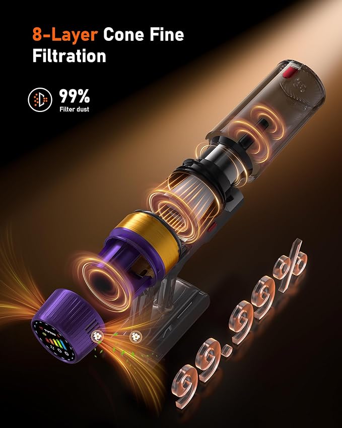 Cordless Vacuum Cleaner, 580W 50KPA 70Mins Upgraded Stick Vacuum Cleaners for Home, Wireless Vacumm with Self-Standing and Touch Screen, Anti-Tangle Brush for Hardwood Floor/Carpet/Pet Hair