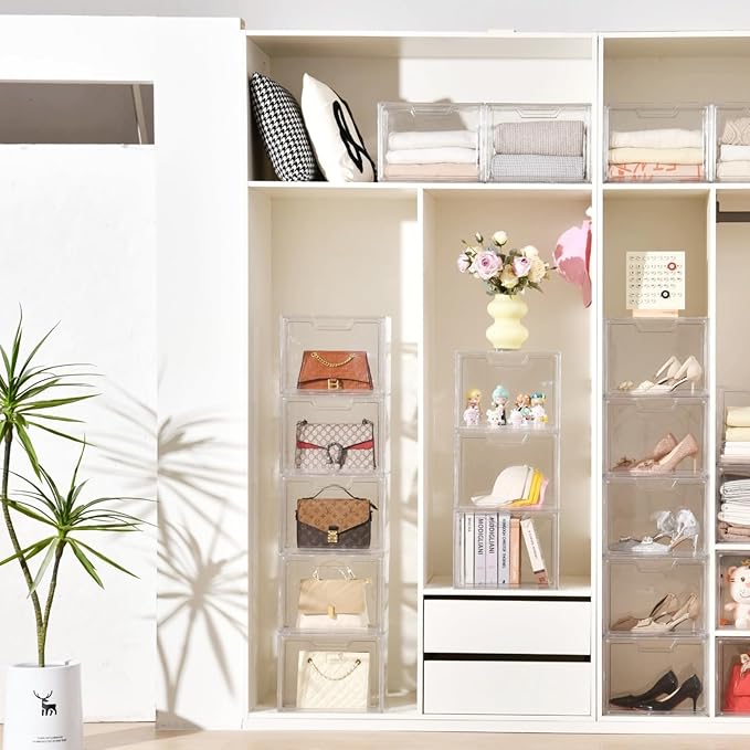 Stackable Storage Bins, Clear Acrylic Display Case, 9-Pack Acrylic Boxes with Lids, Clear Storage Containers Storage for Handbags, Collectibles & Figures