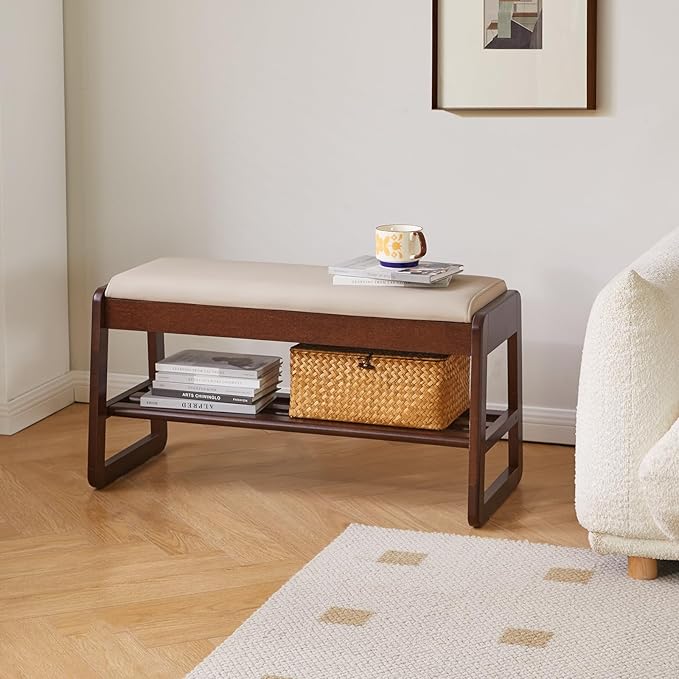 Solid Wood Shoe Bench with Cushion, 2 Tiers Wood Shoe Bench with Flip-Top Storage, 31.5in Shoe Rack for Entryway, Hallway, Walnut Color YD-WD061B