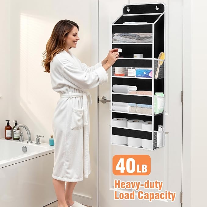 WISELIFE Over The Door Organizer Storage 4 Shelves Large Capacity Hanging Bedroom Storage Solution with 6 Side Pockets for Dorm Bathroom Pantry Nursery and Baby Essentials Holds up to 40 Lbs (Black)