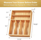 Umilife Kitchen Drawer Organizer, 12 Inch Silverware Utensil Tray Holder, Extra Deep, with Non-Slip Feet & Grooved Drawer Divider, 6 Slots Total Bamboo Wood Caddy for Flatware Cutlery Knives