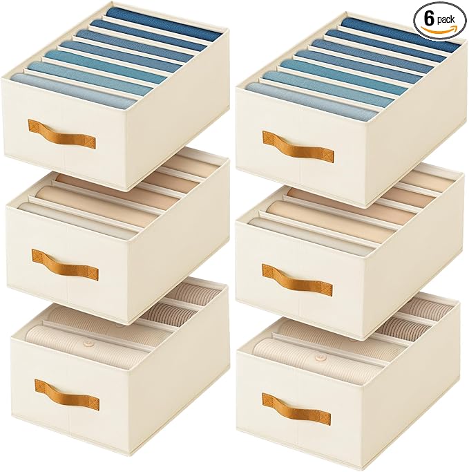 Clothes Organizers and Storage - 4/5/7 Grids Fabric Jeans Organizer with Handles, Foldable Closet Organizers Dividers, Wardrobe organizer for Pant, Sweater, T-shirt, Scarf, 6 Pack, Beige