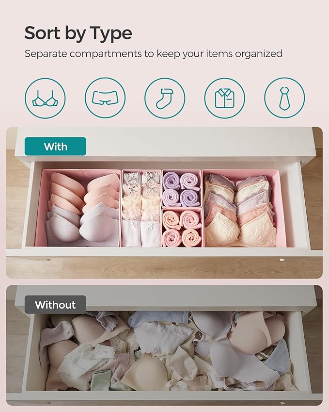 SONGMICS Drawer Organizers, Dresser Divider Organizers, Set of 12, Foldable Fabric Storage Boxes for Socks, Underwear, Bras, Ties, Scarves, Jelly Pink URDZ006R01