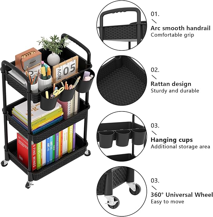 MOYIPIN 3-Tier Plastic Rolling Utility Cart with Handle,Utility Storage Cart for Office, Living Room, Kitchen,Movable Storage Organizer Shelves,Black with 3 Hanging Cups