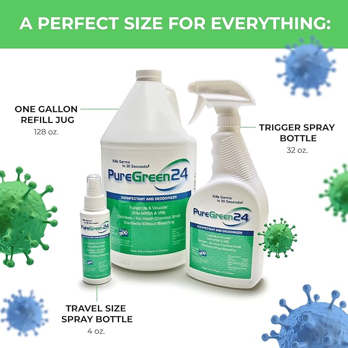PureGreen24 Value pack Safe & Effective Disinfectant. Kills Deadly Germs including RSV COVID-19 Norovirus MRSA Staph 2025 flu Bird flu Contains no toxic chemicals odorless (1 gallon 3 x 32oz sprays)
