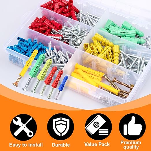 340-Piece Drywall Anchors and Screws Combo Pack - 170 Plastic Wall Anchors and 170 Screws - Assorted Sizes - Organizer Box Included - Wall Anchors and Screw for Drywall